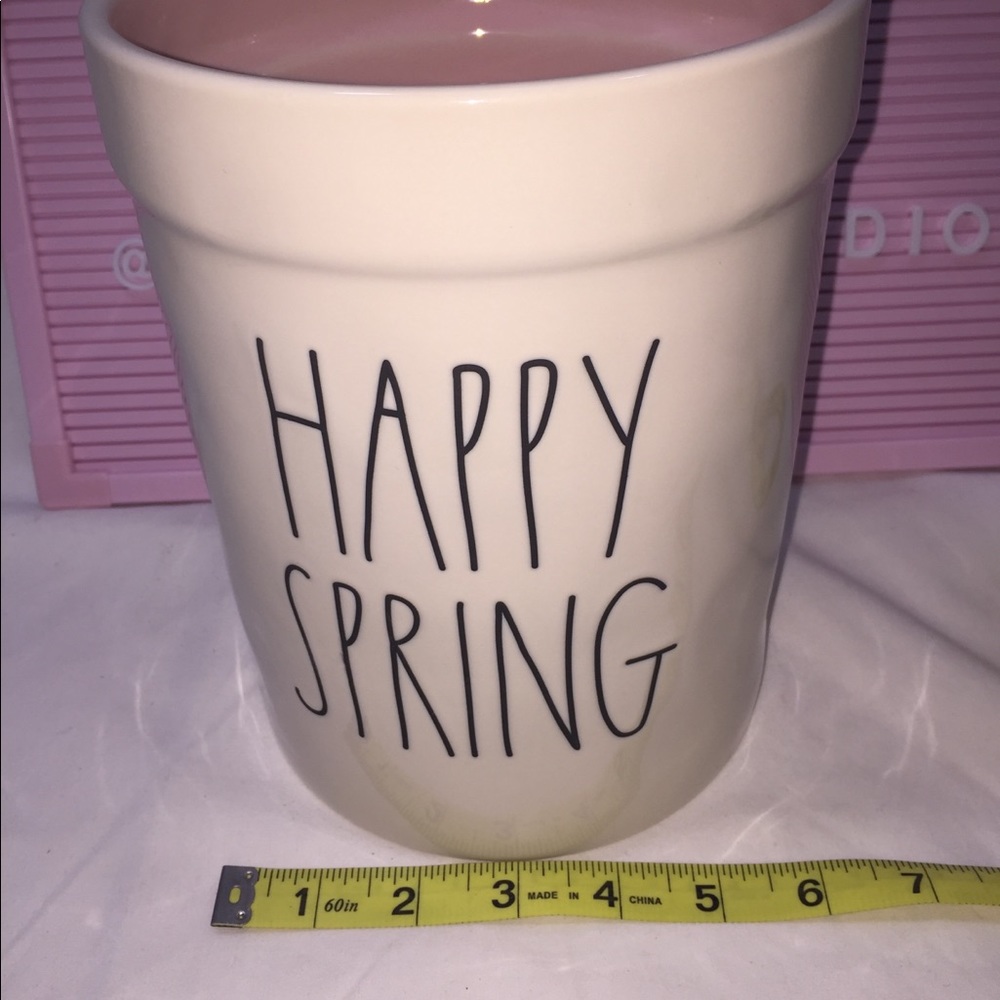 Rae Dunn HAPPY SPRING ceramic large utensil holder with pink interior